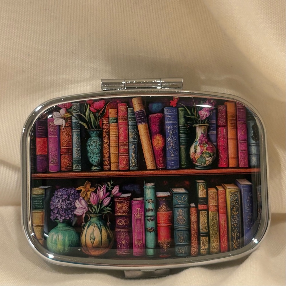 Library Books Bookshelf Travel Pill Box 2 Compartment Medicine Pill Case NEW